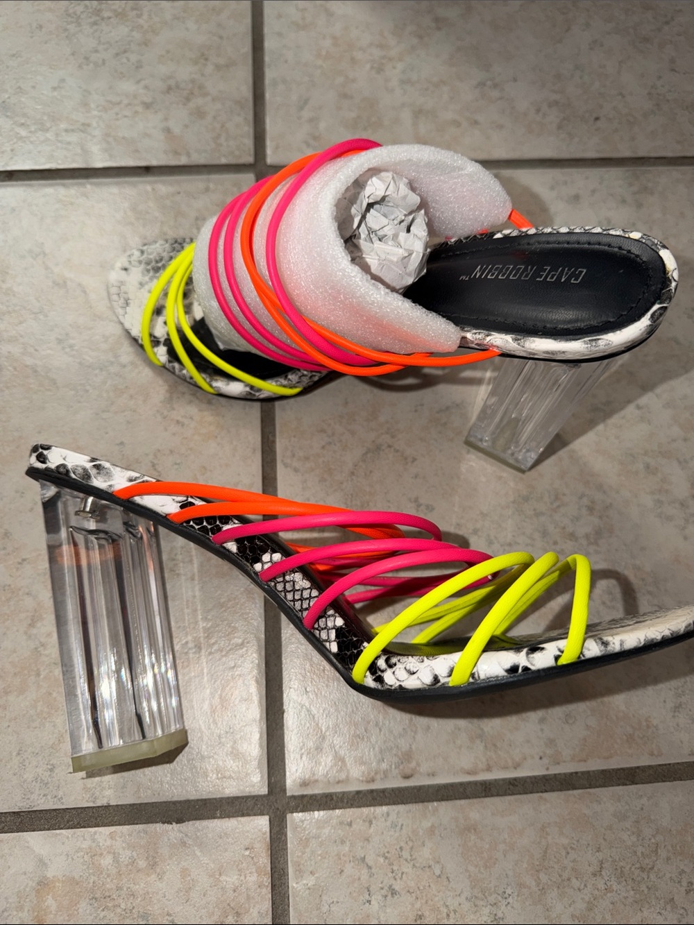Cape Robbin Neon Multi-Strap Clear Block Heel Sandals - Pink/Orange/Yellow